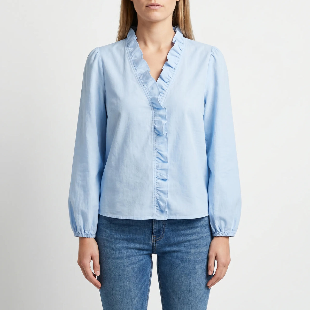 Women's Ruffle V Neck Blouse for Weekends – Blue