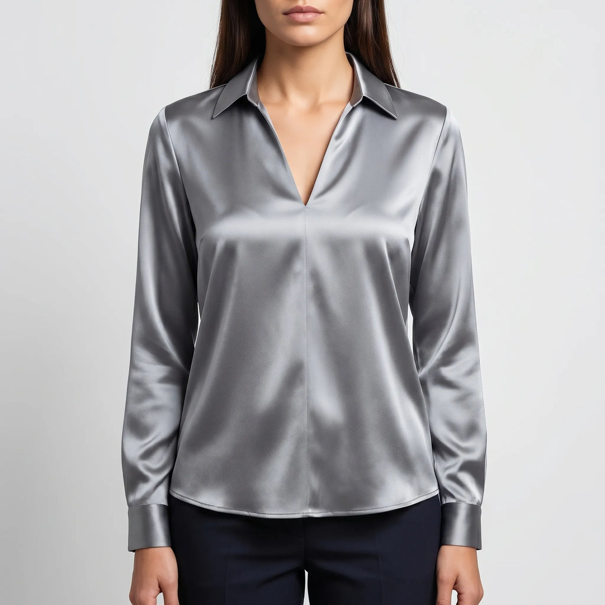 Women's Satin-Finish V Neck Blouse – Silver