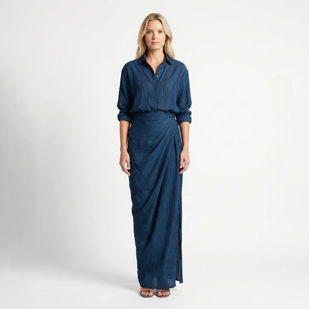 Women's Shirt and Floor-Length Skirt Set – Dark Blue