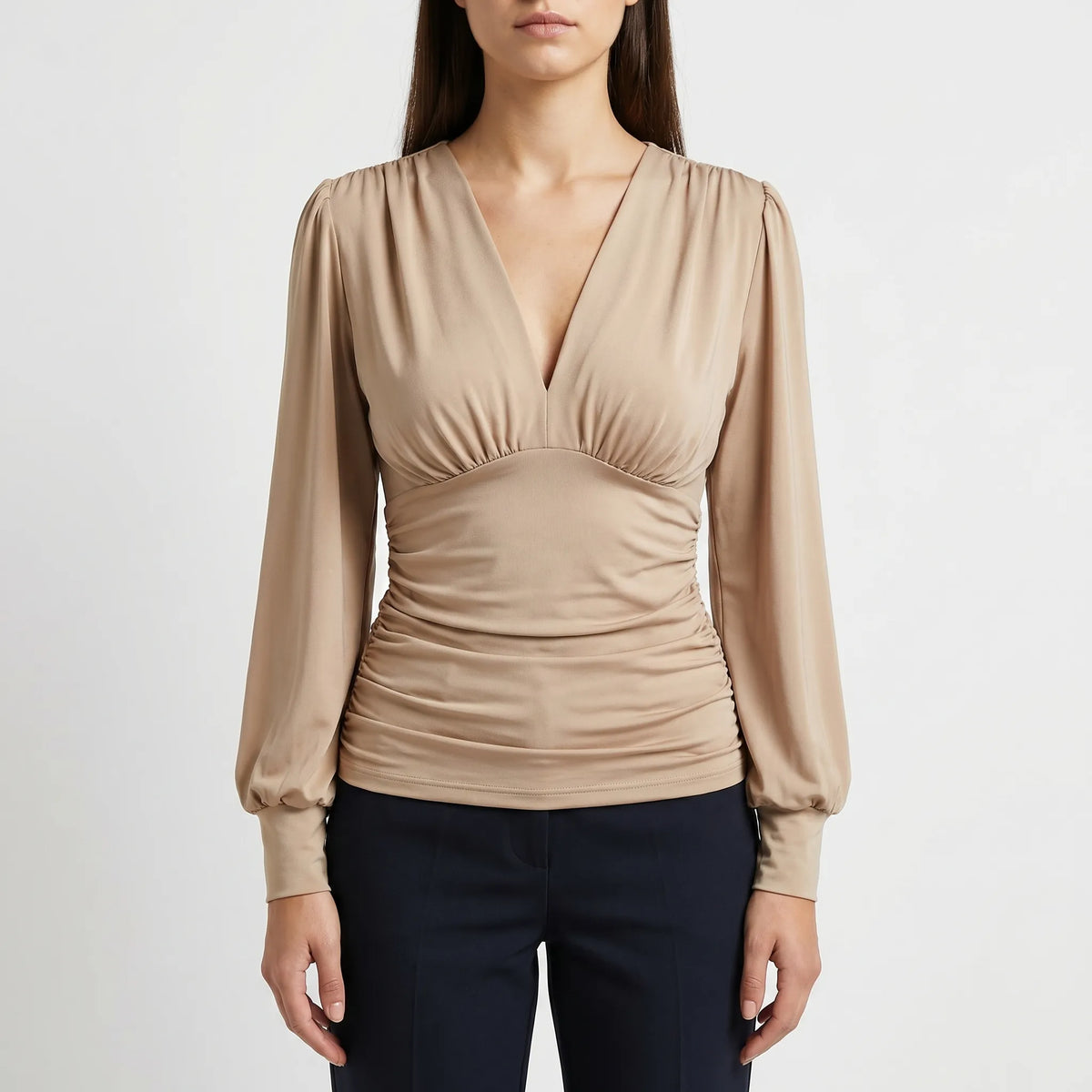 Women's Ruched Waist Wrap-Style Blouse – Khaki
