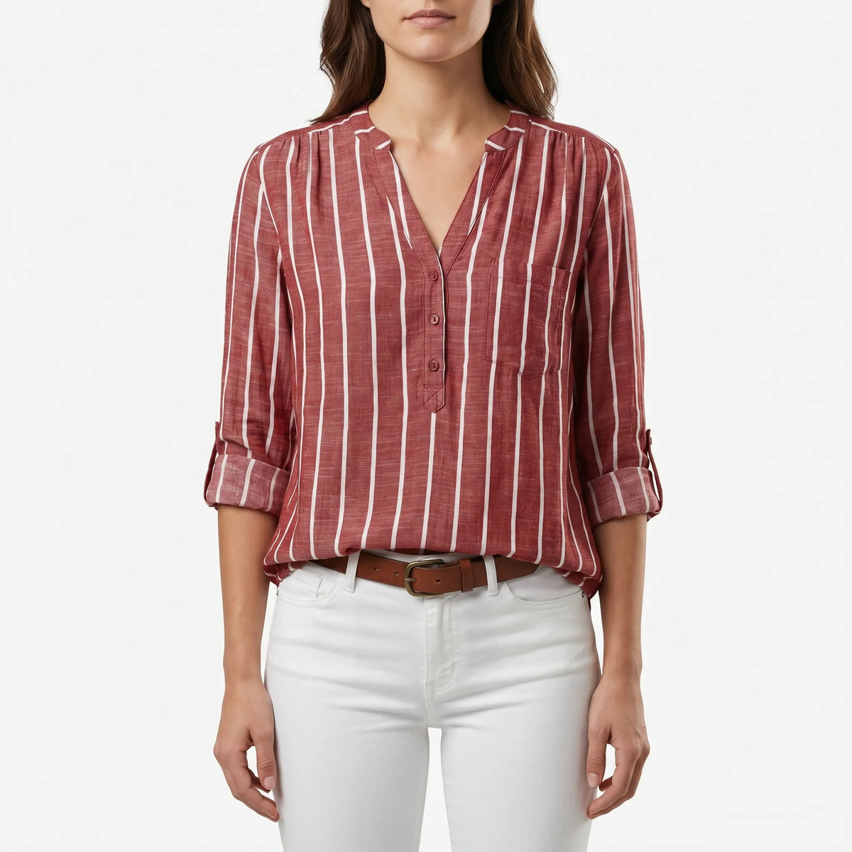 Women's Stripe-Detail V Neck Blouse – Red