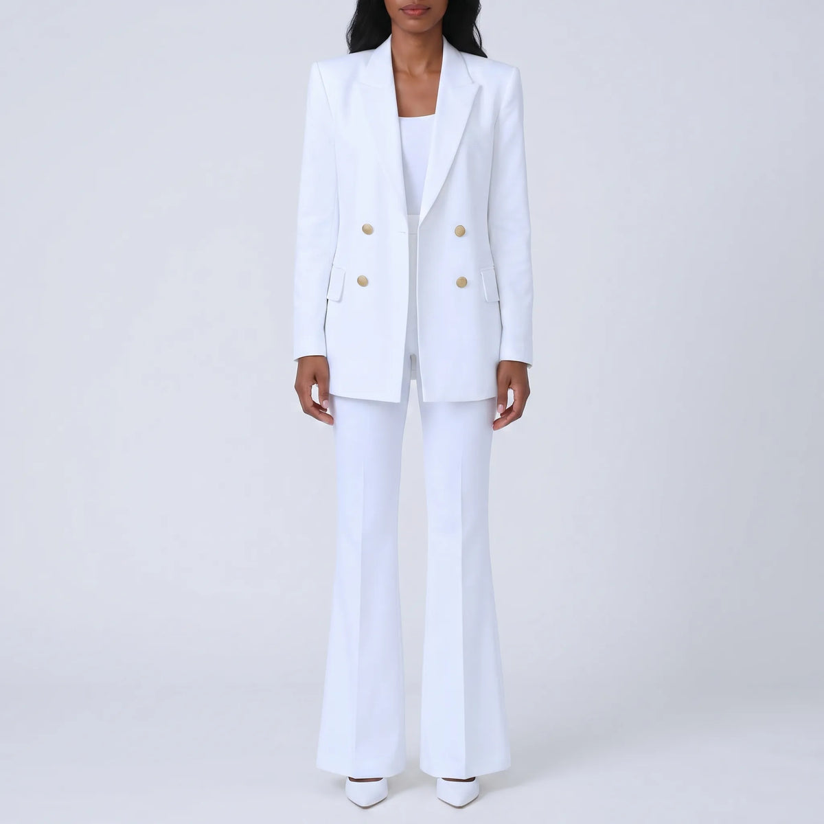 Women's Double Breasted Blazer and Pants Set for Weekends – White