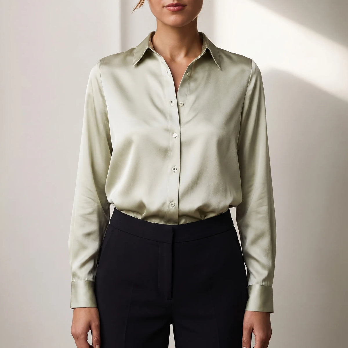 Women's Satin-Finish Button-Front Blouse – Green