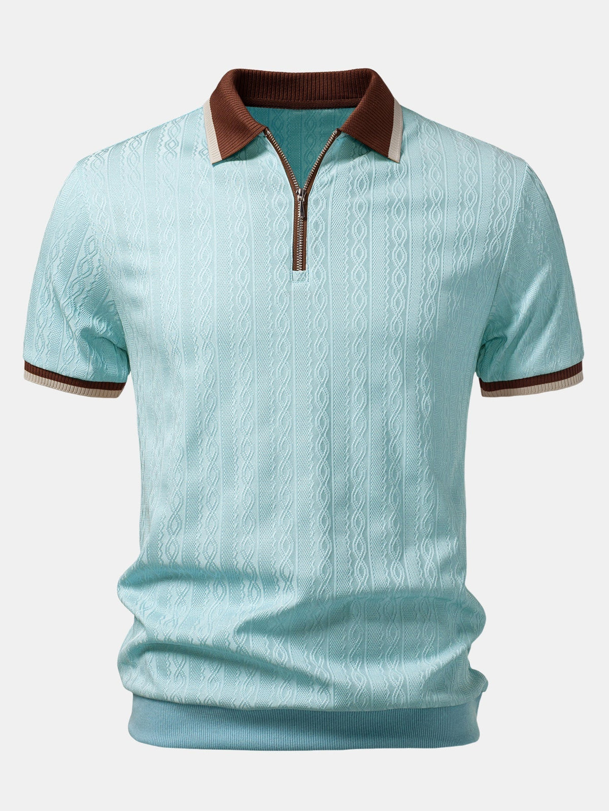 Men's Textured Knit Quarter Zip Polo for Everyday Wear – Light Blue