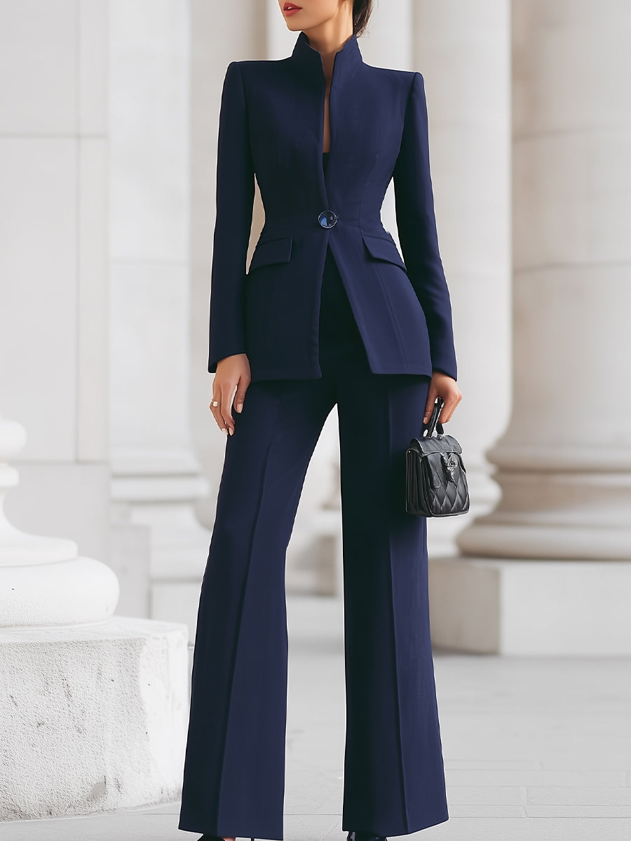 Women's Fitted High-Collar Blazer Suit Set – Blue