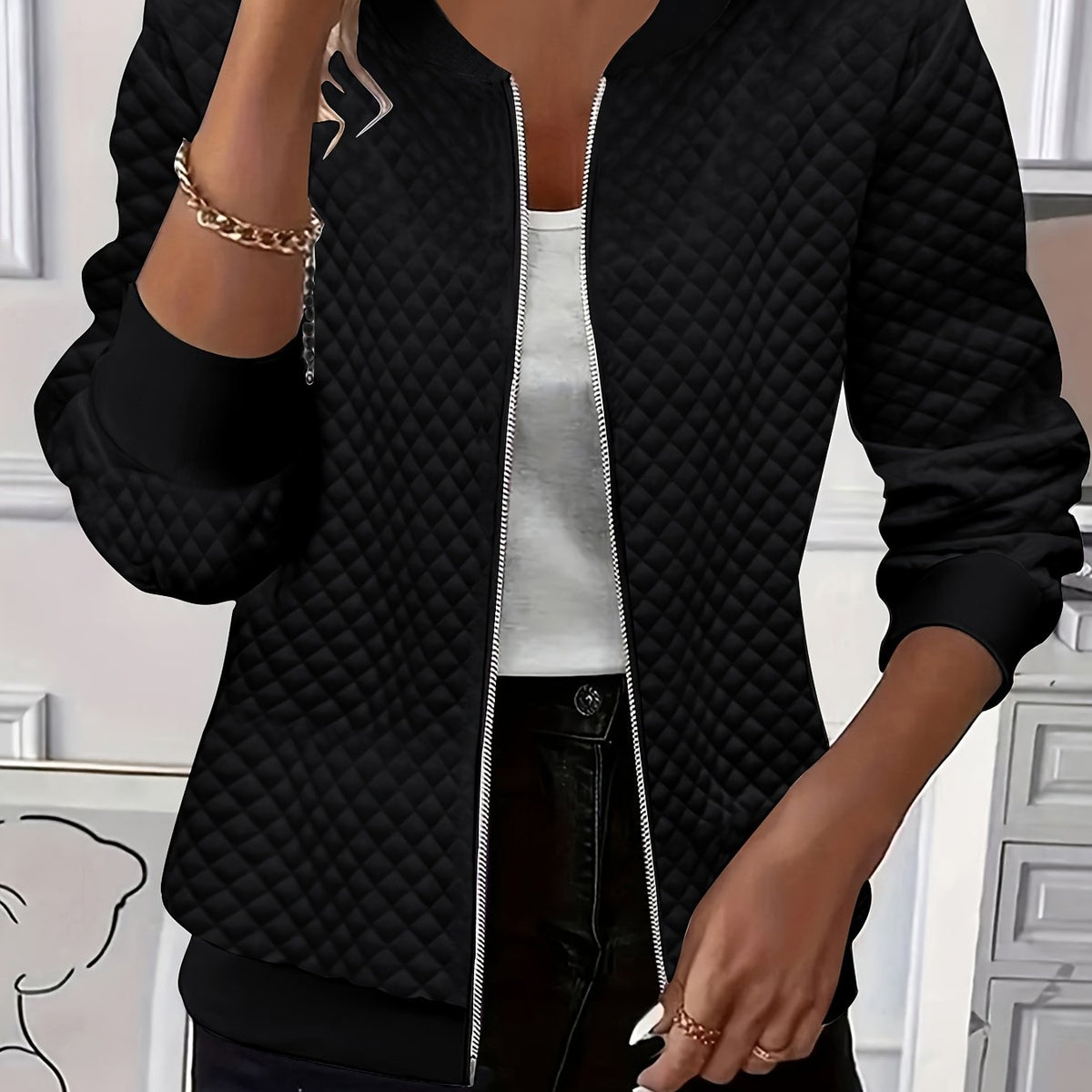 Women's Quilted-Texture Baseball Collar Jacket for Work – Black