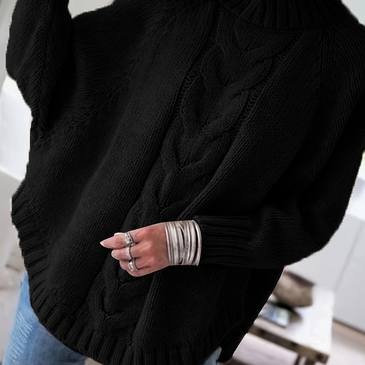 Women's Cable-Stitch High Neck Relaxed-Fit Pullover – Black