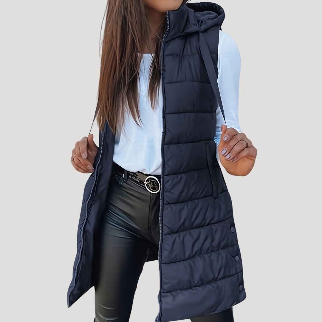 Women's Padded Hood-Detail Longline Vest – Navy Blue