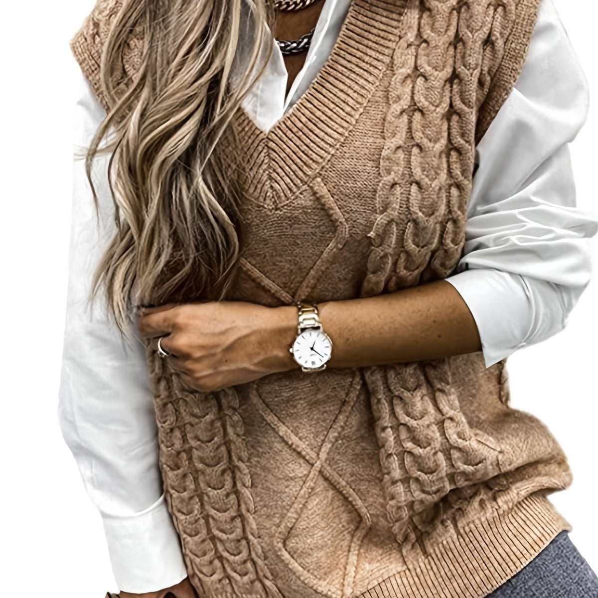 Women's Cable-Stitch V-Neckline Sweater Vest – Khaki
