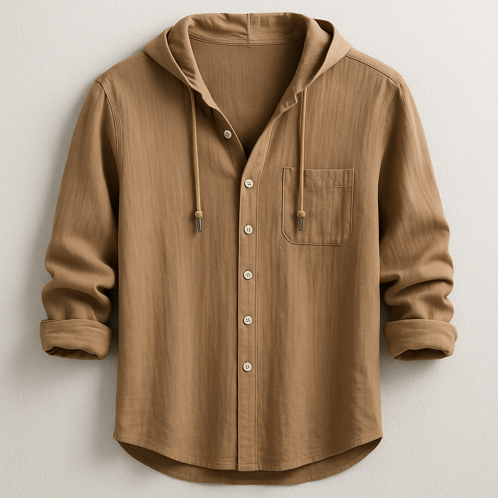 Men's Hood-Detail Button-Front Light-Weight Overshirt – Brown