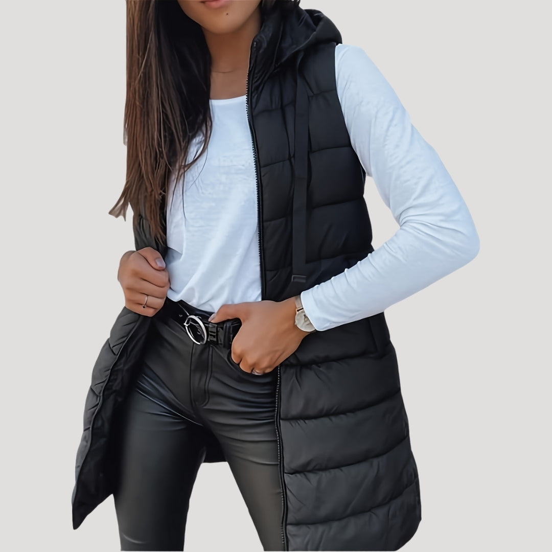 Women's Padded Hood-Detail Longline Vest – Black