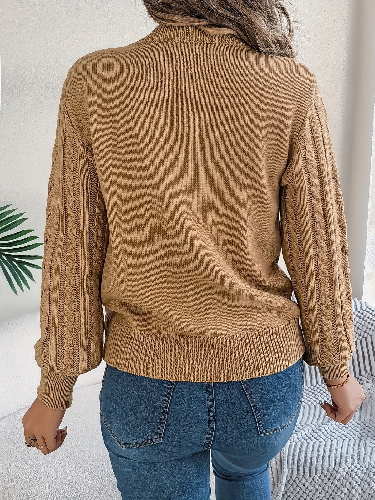 Women's Cable-Stitch Openwork Round-Neck Pullover – Orange Red