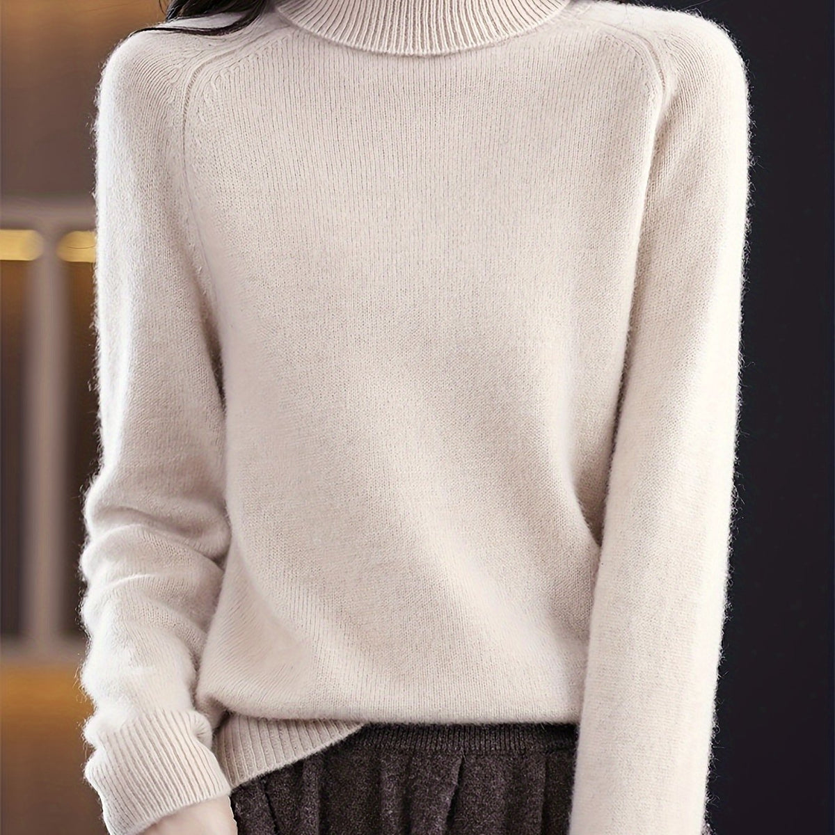 Women's Plush Knit Easy-Fit Roll-Neck Pullover – Apricot