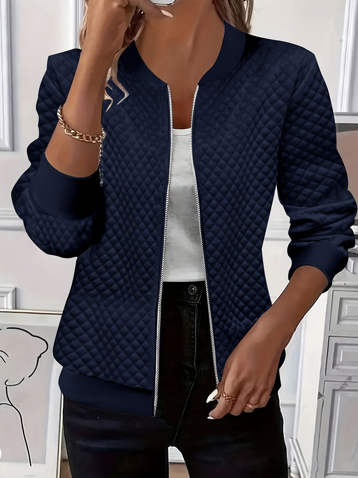 Women's Quilted-Texture Baseball Collar Jacket for Work – view 4