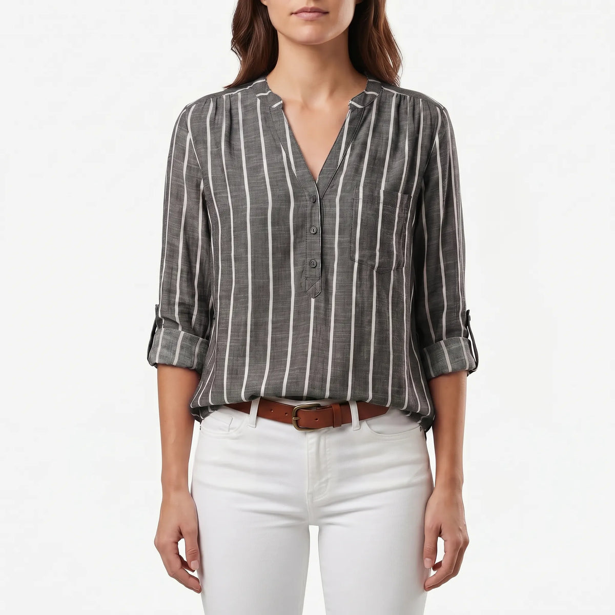 Women's Stripe-Detail V Neck Blouse – Gray