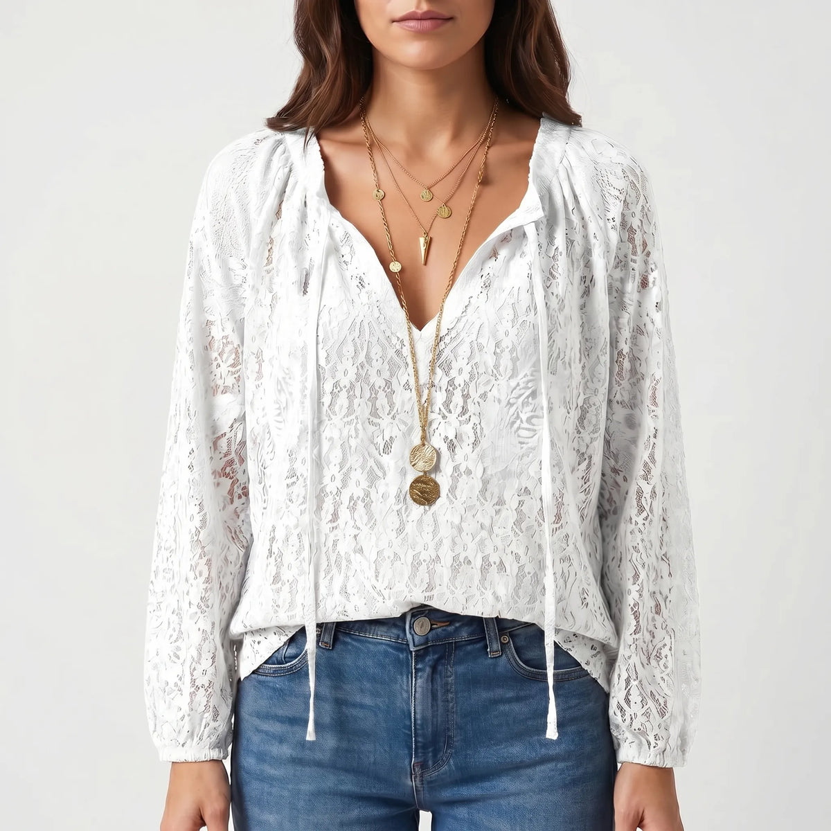 Women's Boho Lace-Detail Blouse – White