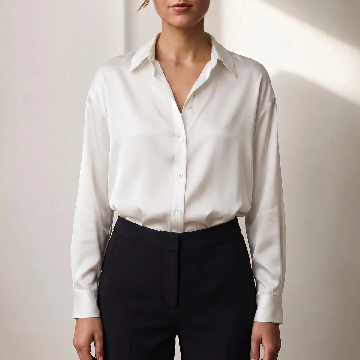 Women's Satin-Finish Button-Front Blouse – White