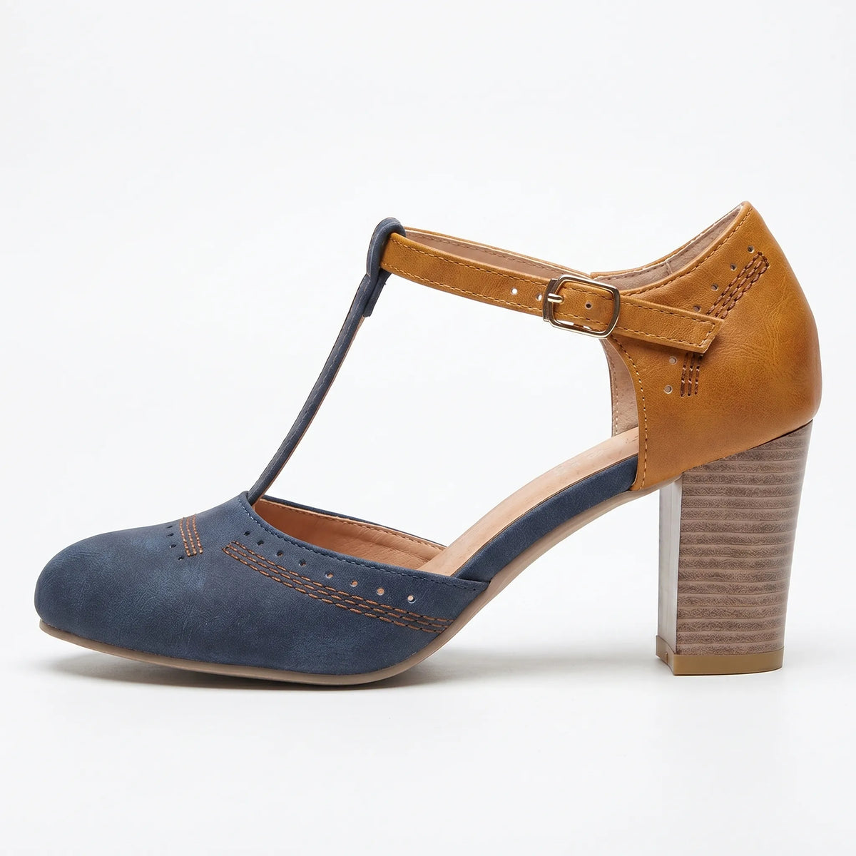 Women's T Strap Block Heels for Everyday Wear – Blue
