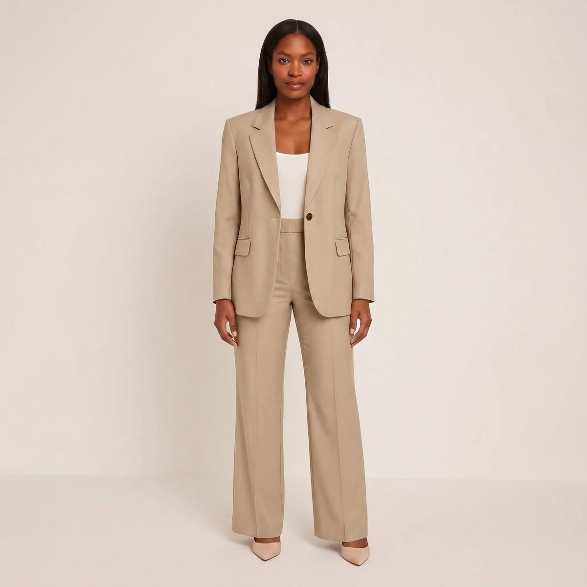 Women's One Button Flare Pants Suit Set for Fall – Beige