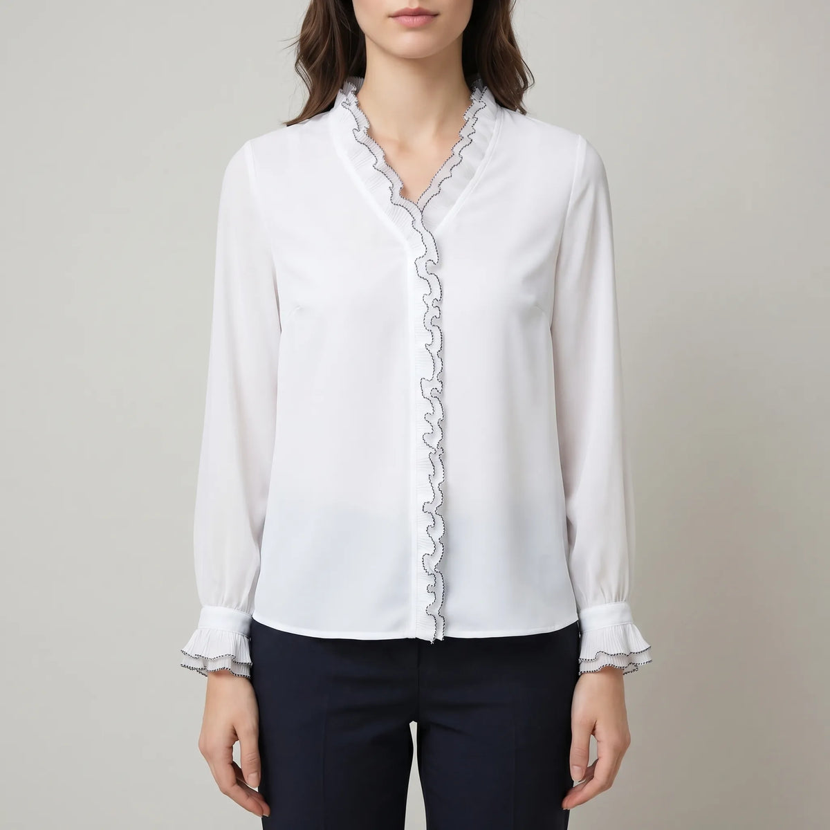 Women's Satin-Finish Ruffle Blouse – White