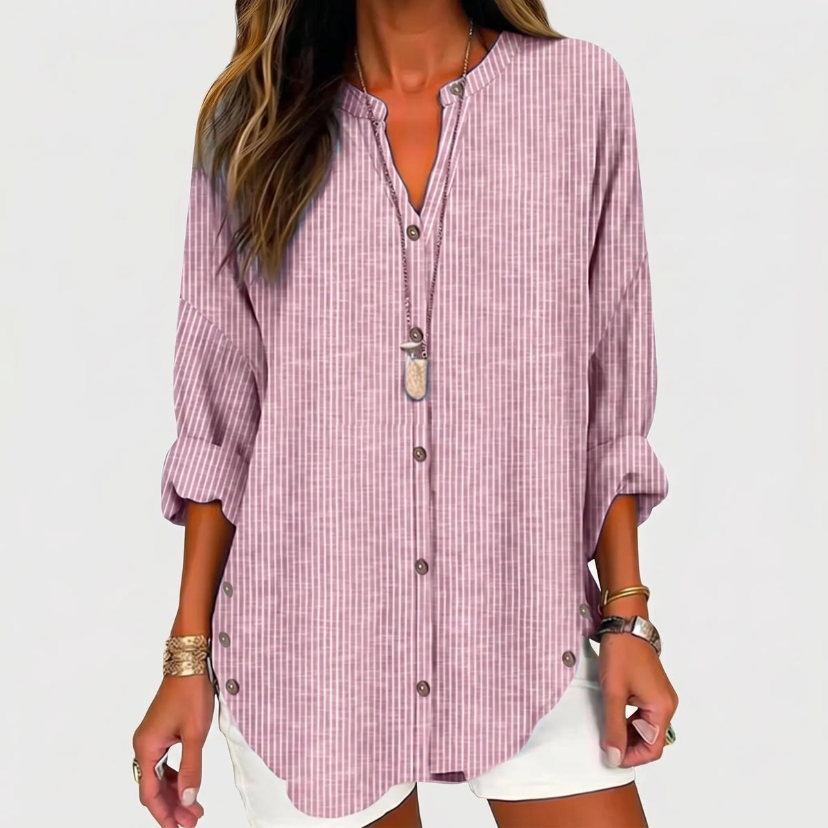 Women's Stripe-Detail Tunic Blouse – Light Pink