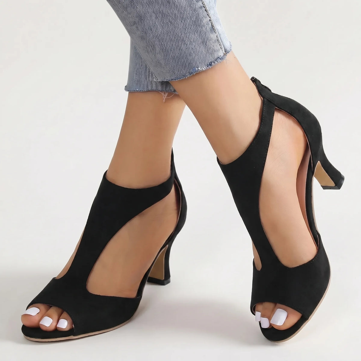 Women's Peep Toe Heels with Cutout Detail – Black
