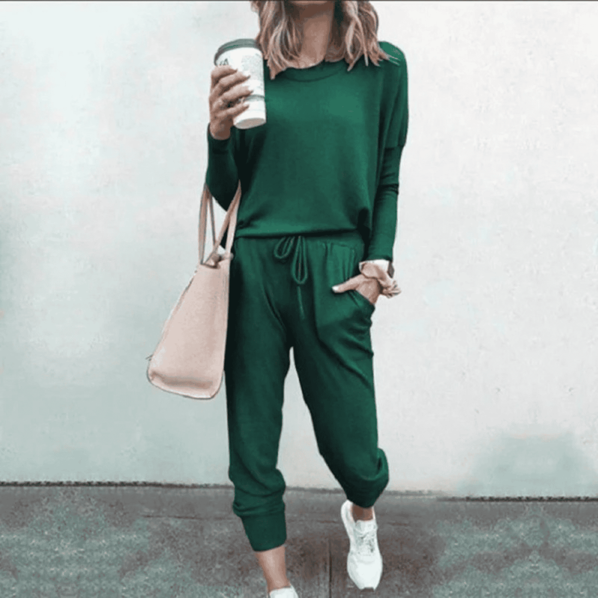 Women's Easy-Fit Long Sleeve Top and Jogger Set – Dark Green