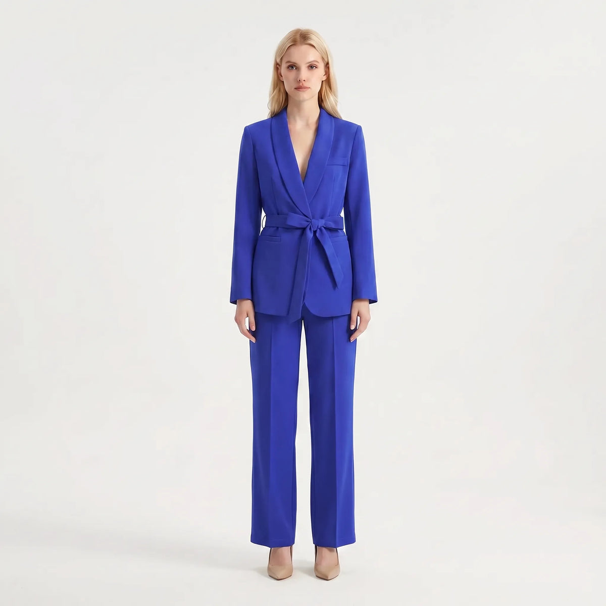 Women's Belt-Detail Wide-Cut Pants Suit Set – Blue