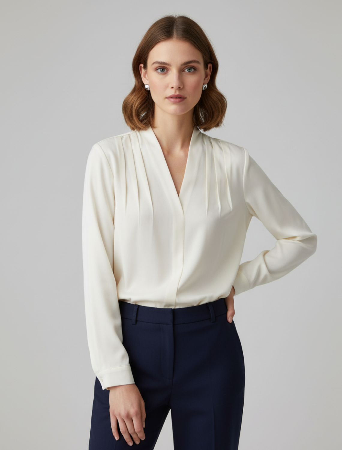 Women's Pleat-Detail V-Neckline Blouse – White