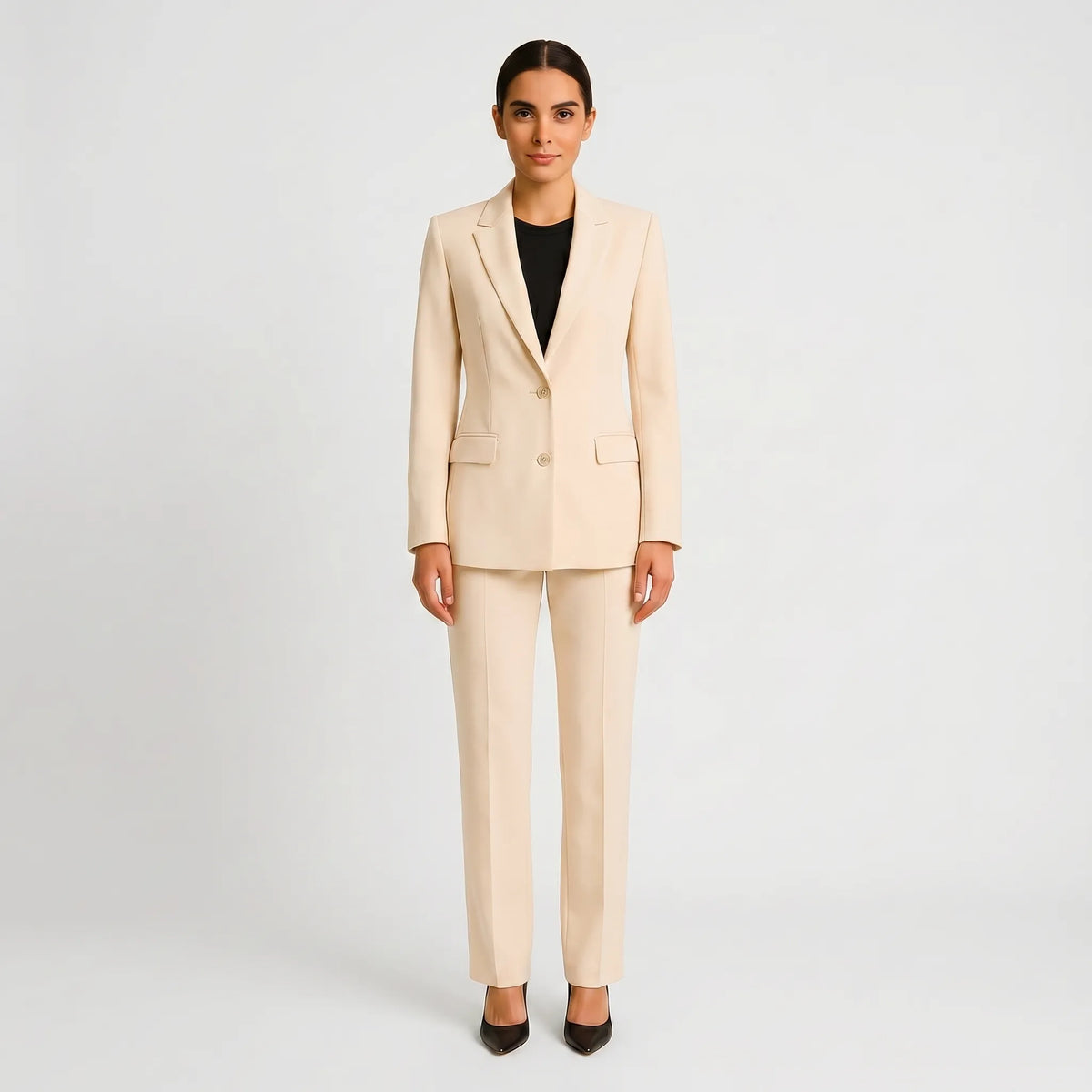 Women's Fitted Blazer and Pants Suit Set – Beige