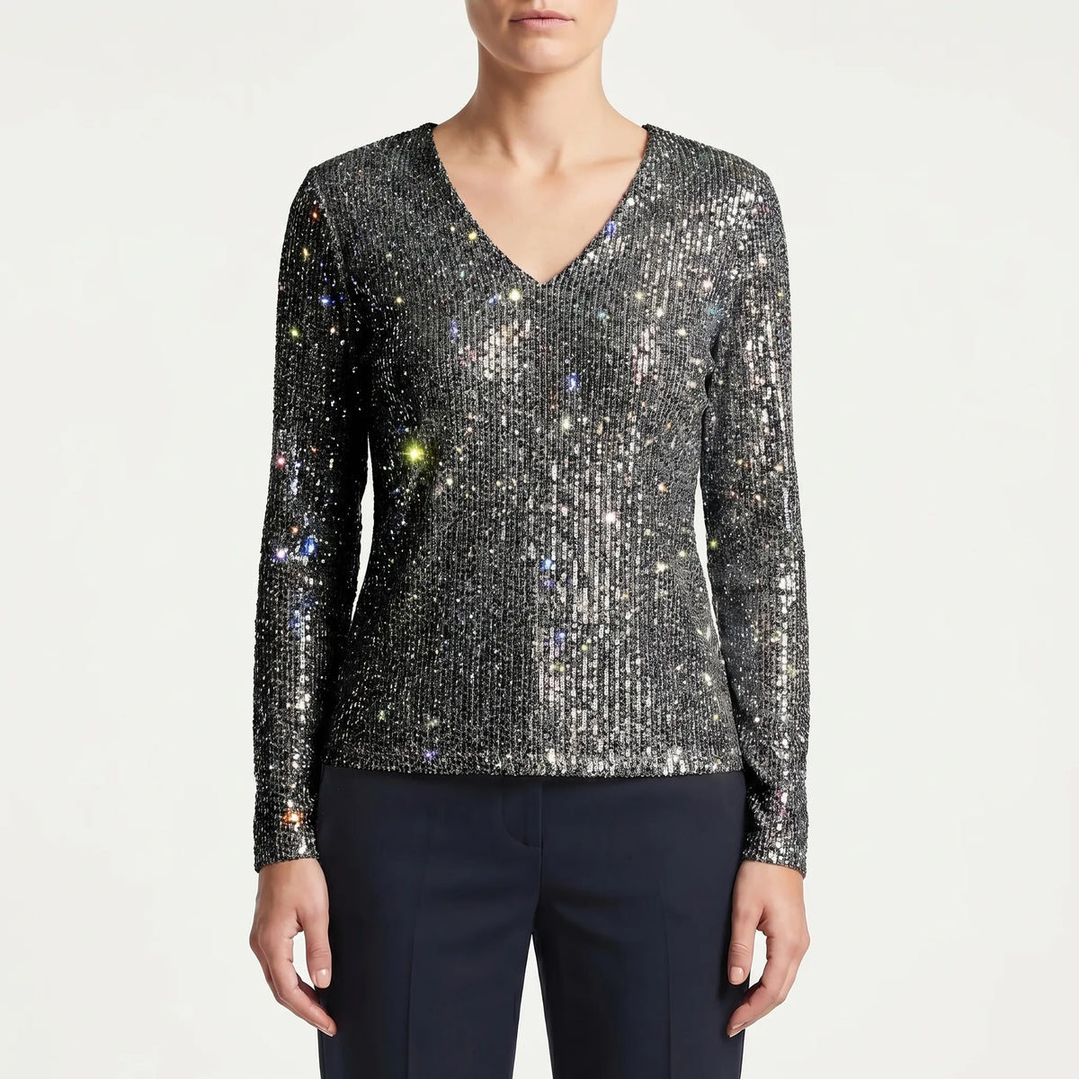 Women's Sparkle V Neck Top for Weekends – Black