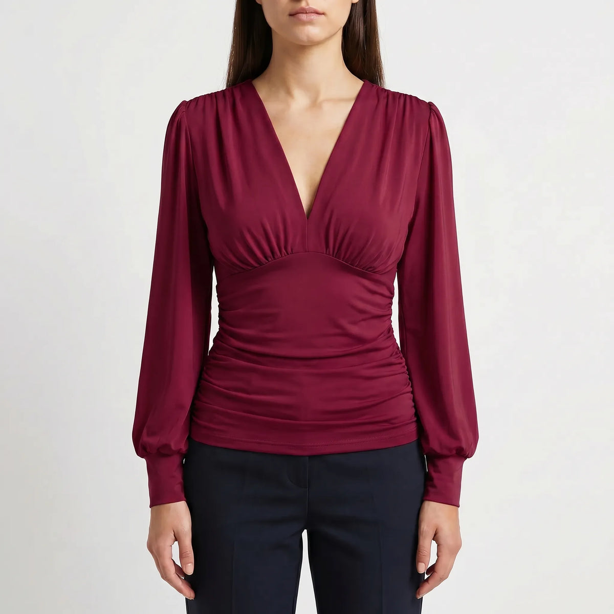 Women's Ruched Waist Wrap-Style Blouse – Burgundy