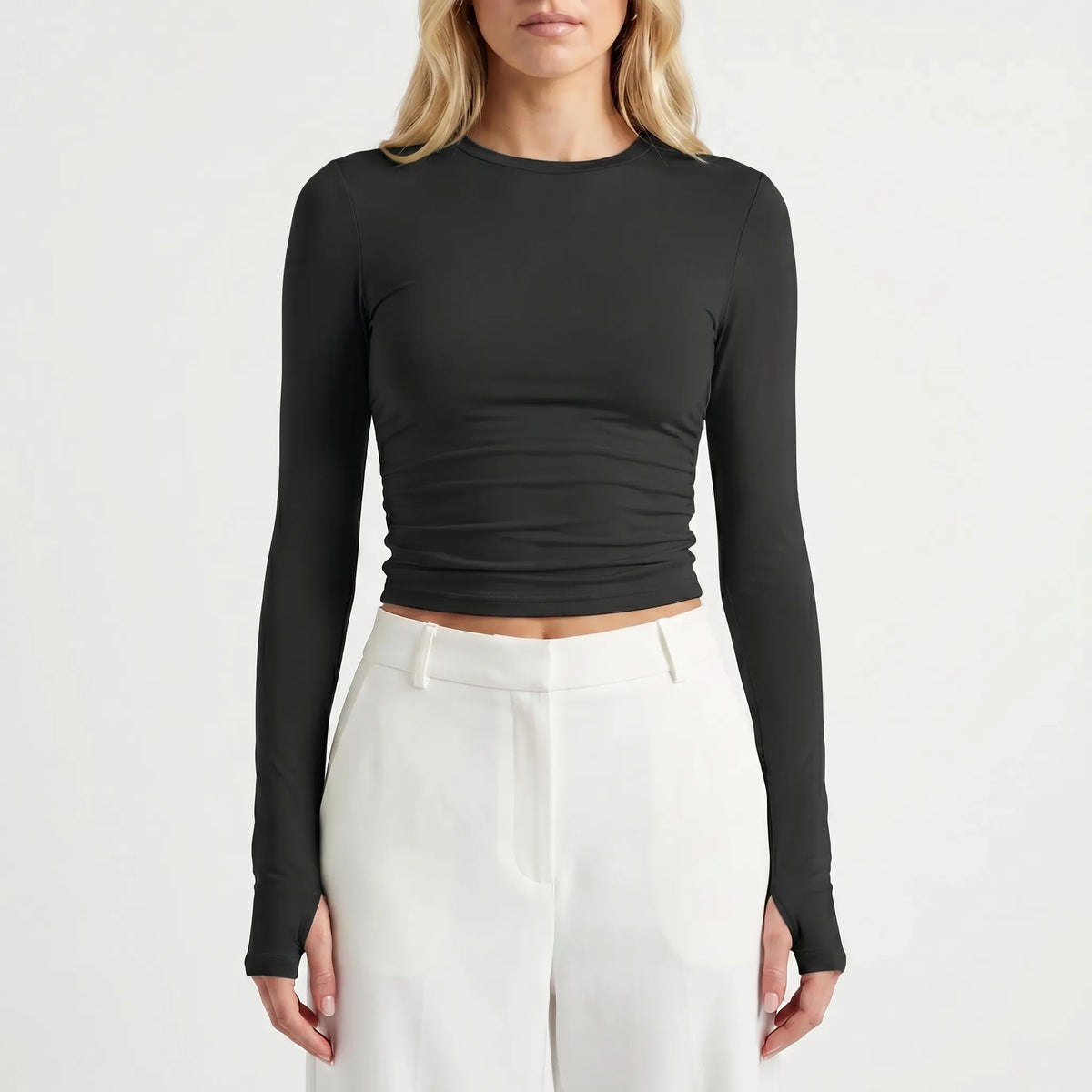 Women's Long-Sleeve Crop Top for Everyday Wear – Black
