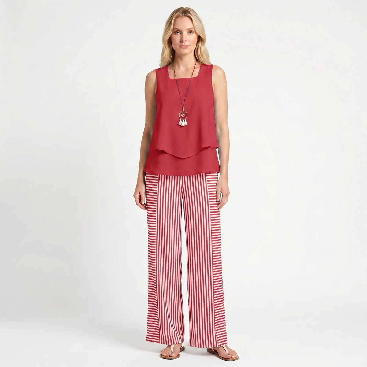 Women's Top and Wide-Cut Pants Set – Red