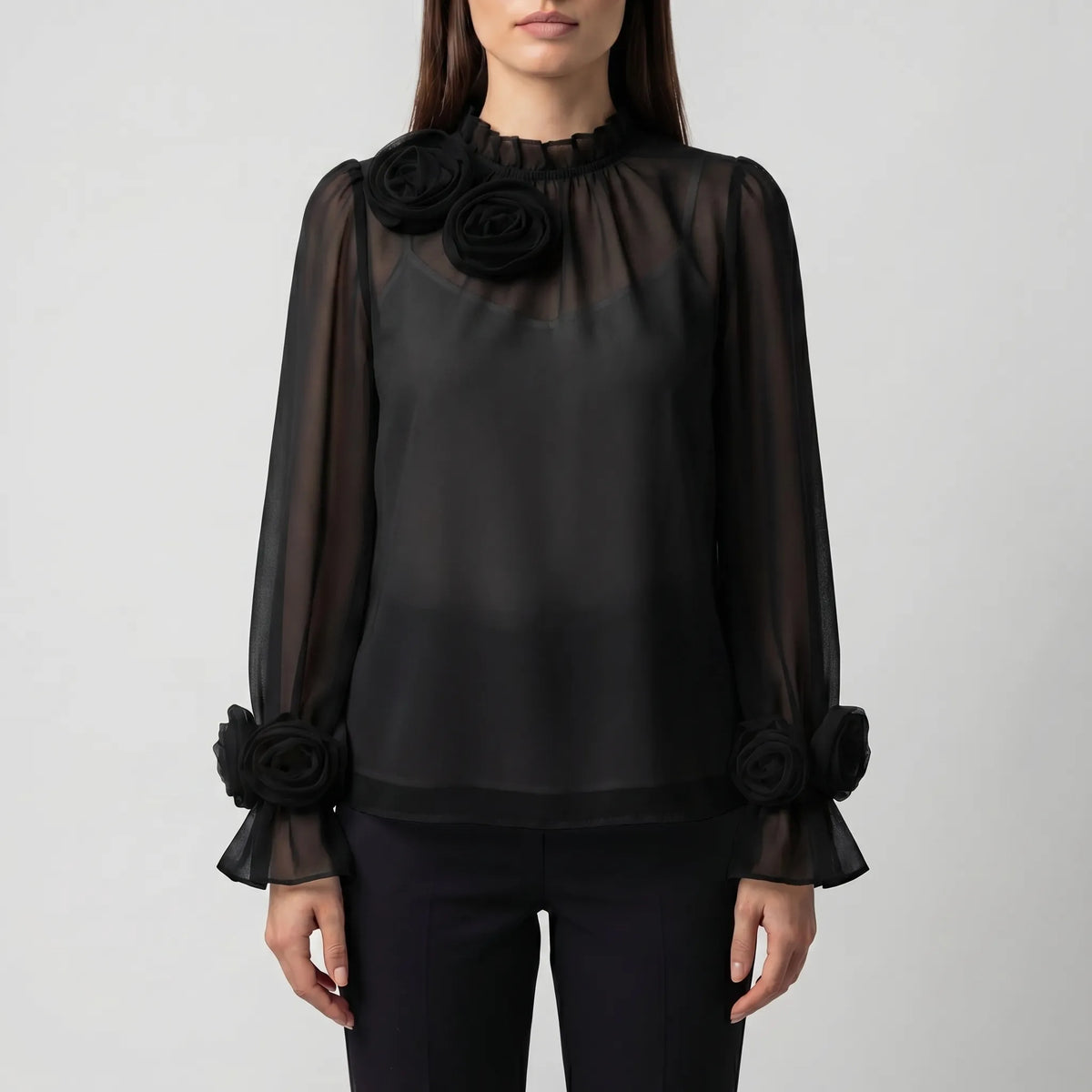 Women's 3D Rose Blouse for Evening Wear – Black