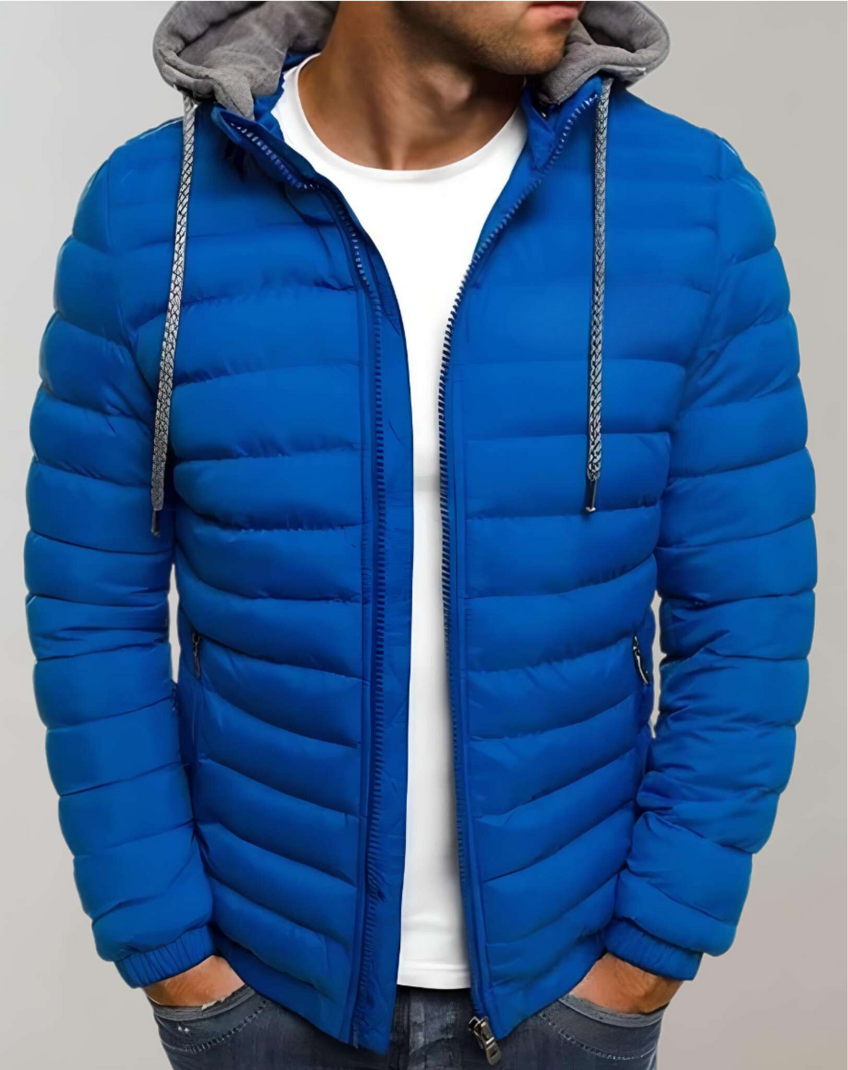 Men's Light-Weight Quilted Jacket with Hood and Elastic Cuffs – Dark Blue