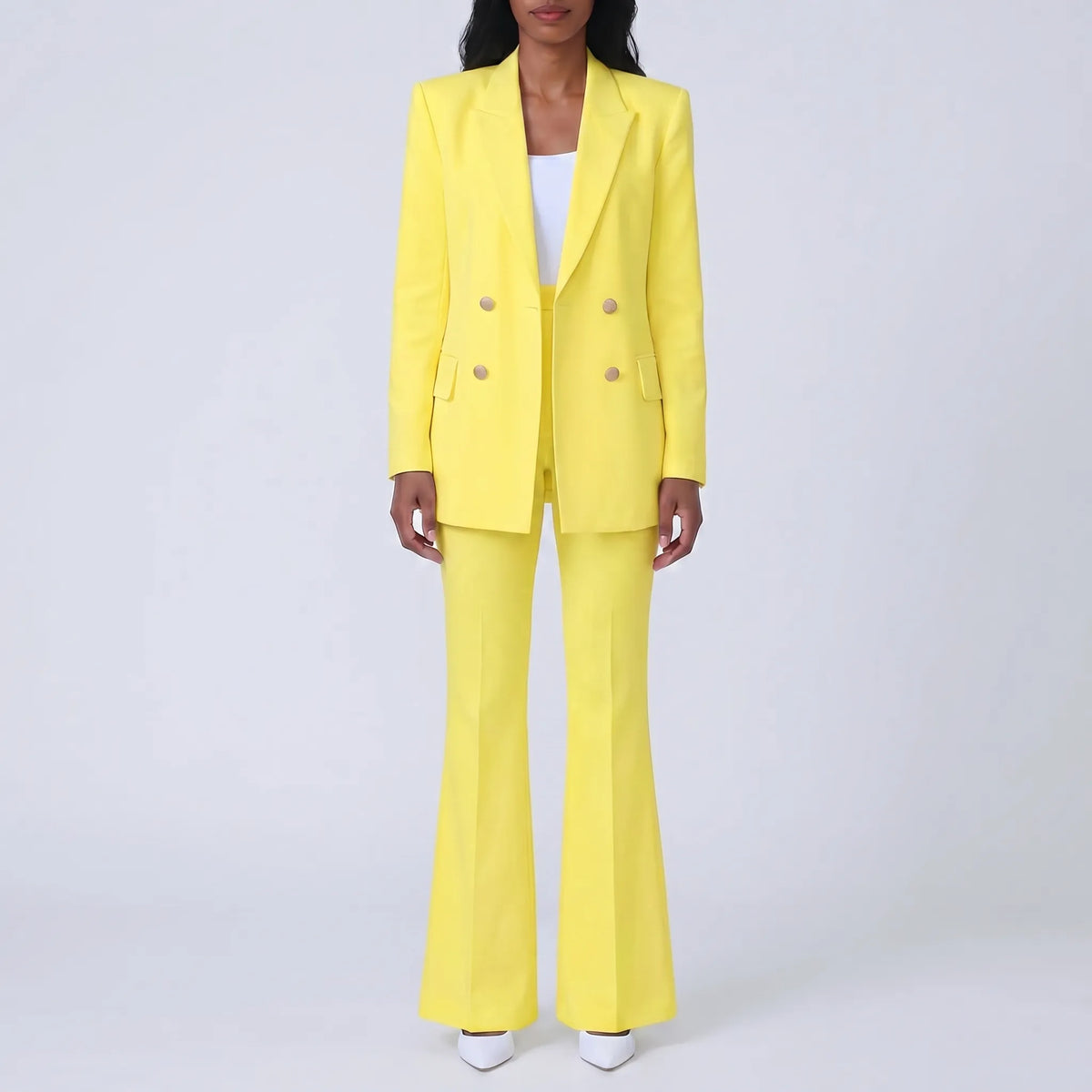 Women's Double Breasted Blazer and Pants Set for Weekends – Yellow