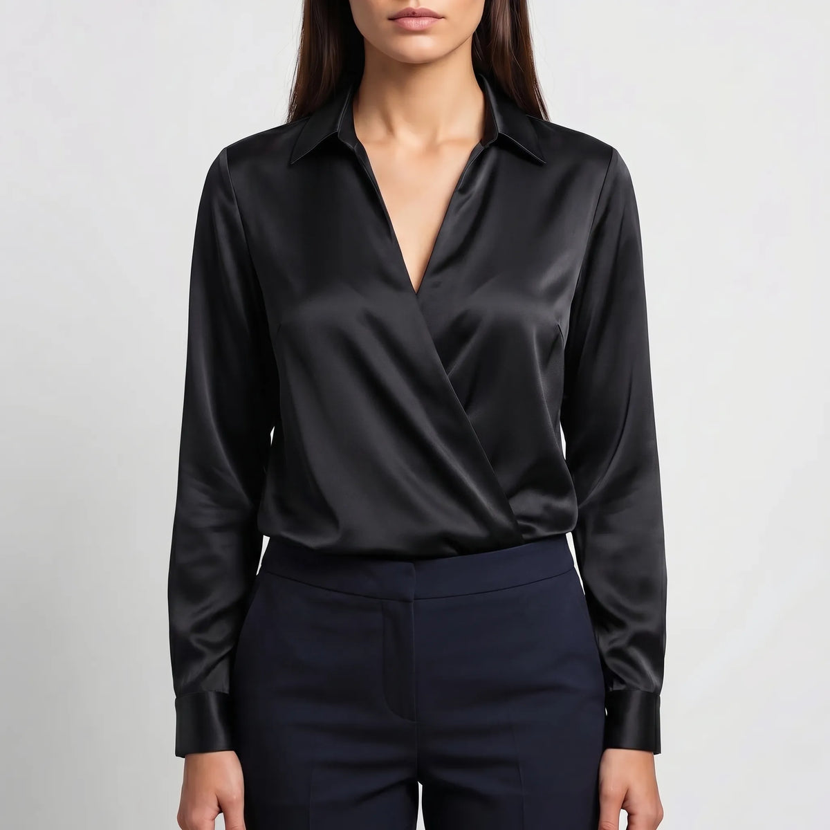 Women's Satin-Finish V Neck Blouse – Black