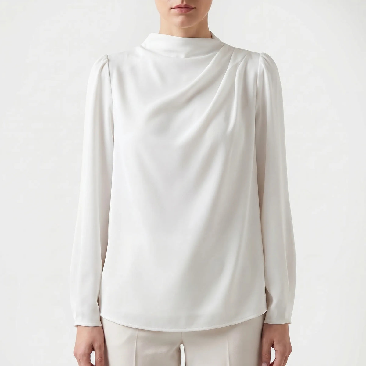 Women's Satin-Finish Draped Blouse – White