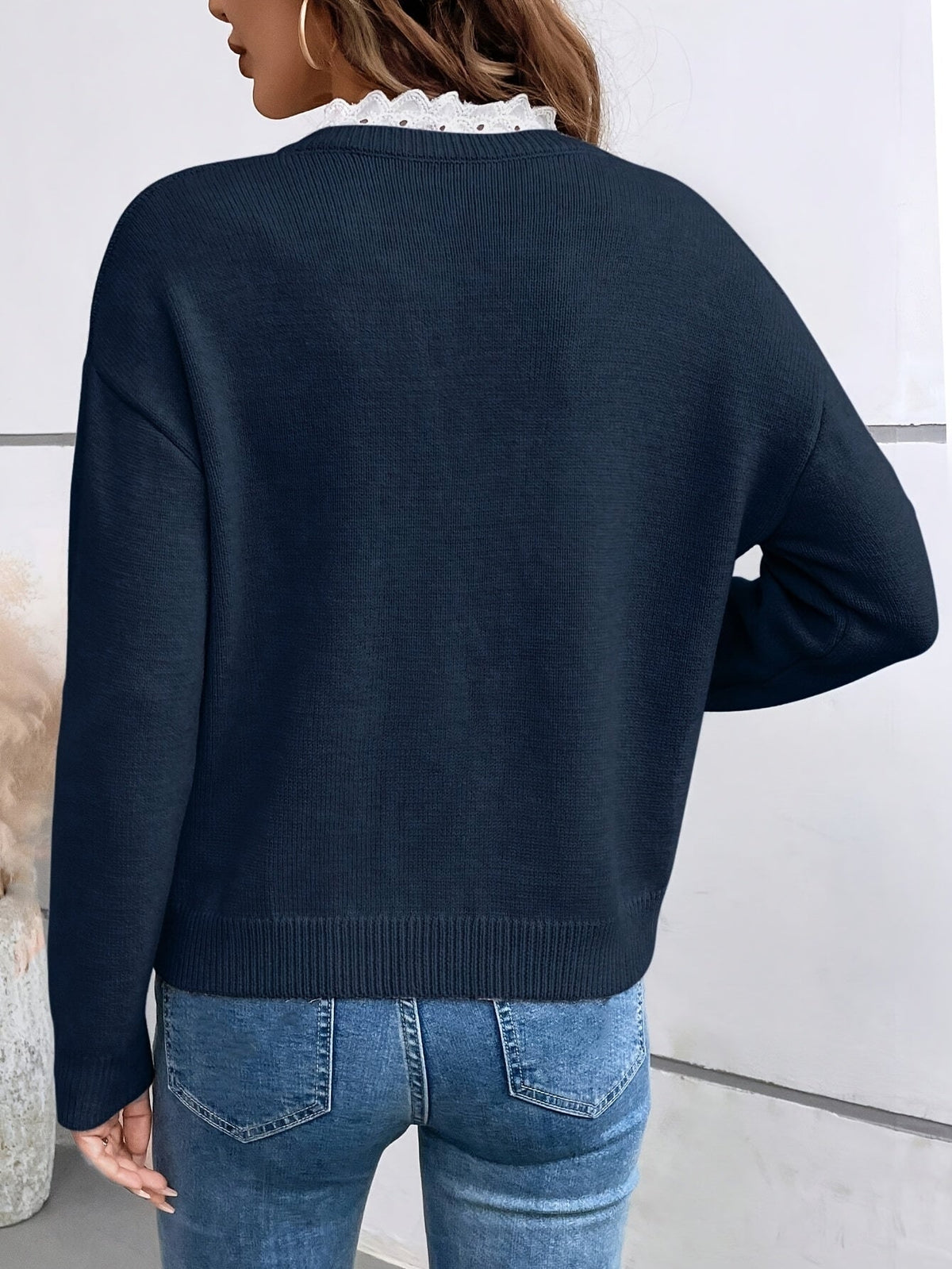 Women's Rib-Knit Lace-Detail Collar Blouse – view 3
