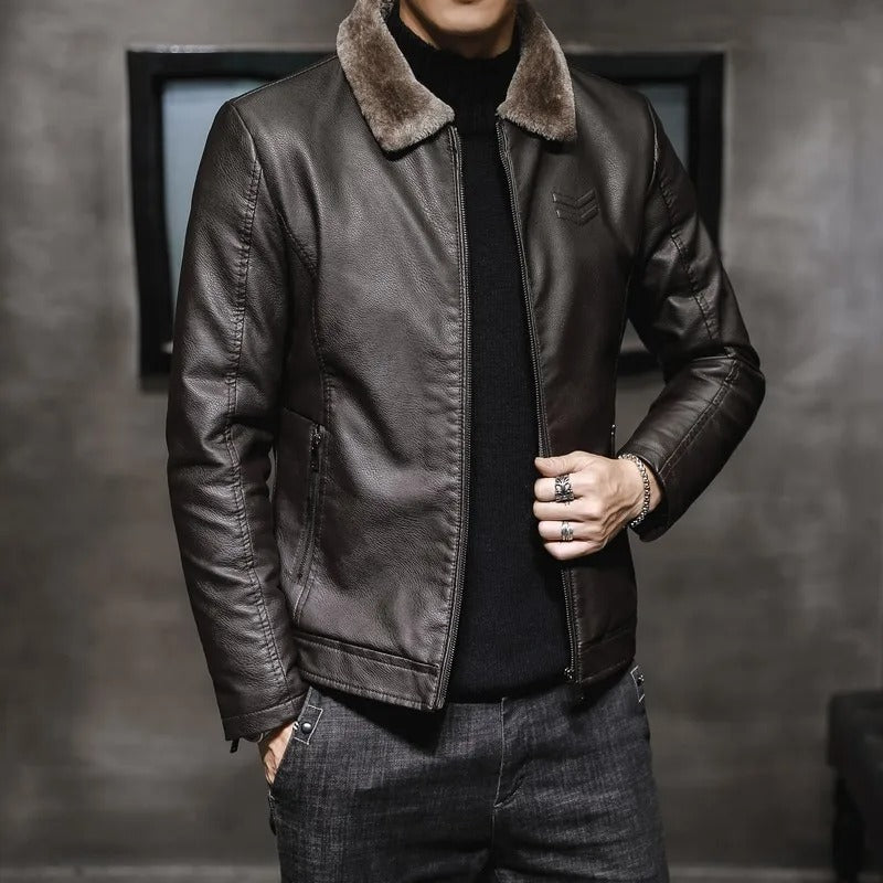 Men's Faux-Fur Collar Wind-Resistant Zip Jacket – Dark Brown