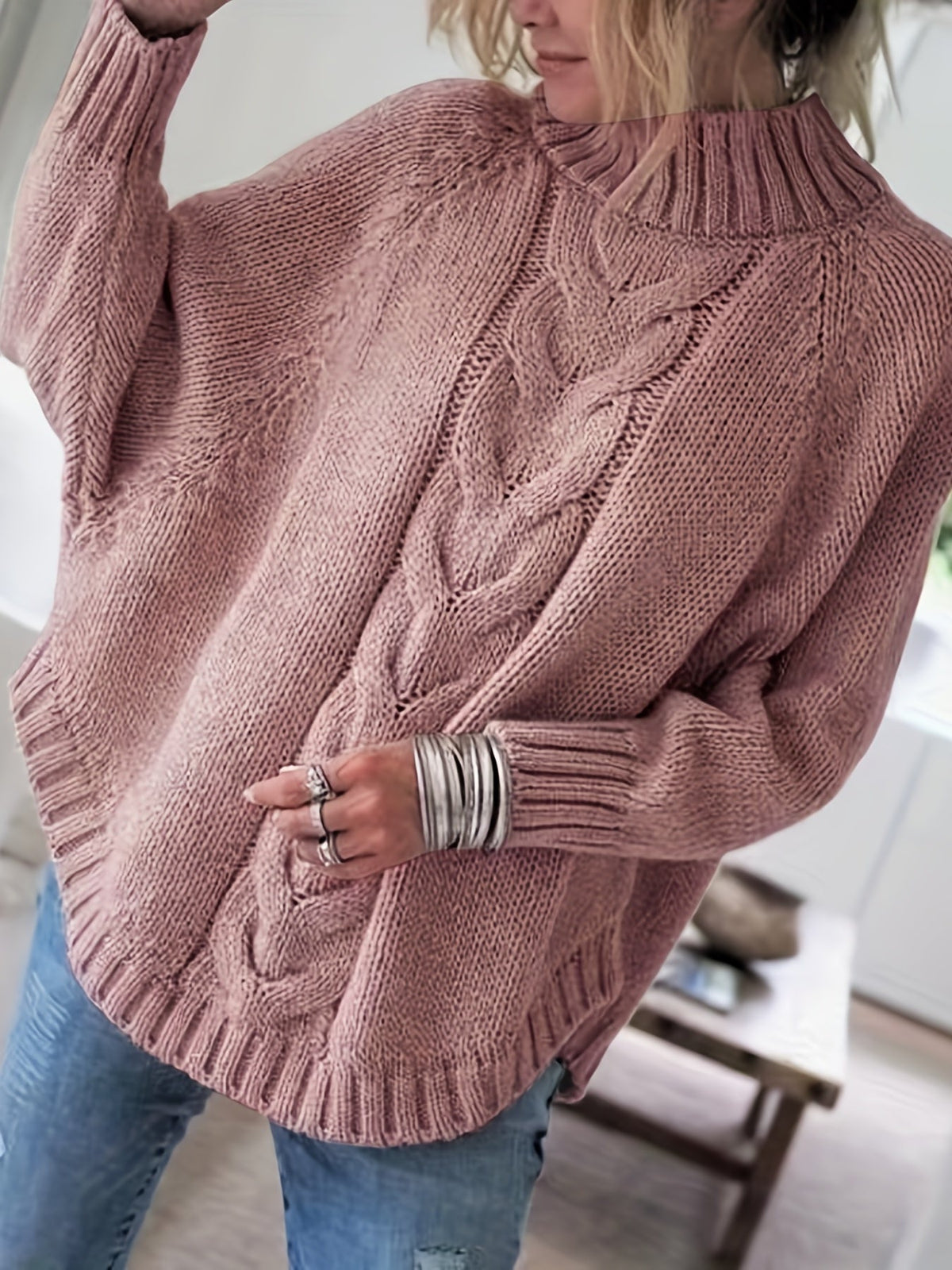 Women's Cable-Stitch High Neck Relaxed-Fit Pullover – view 3