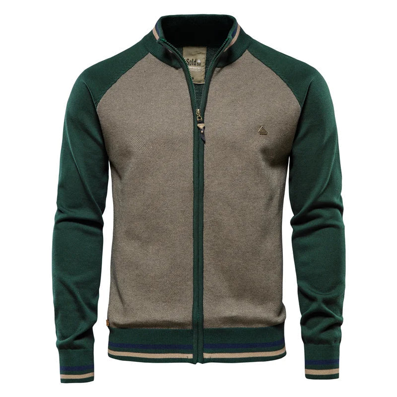 Men's Cotton Stand Collar Full-Zip Knit Cardigan – Green