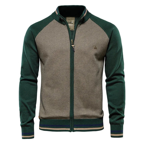 Men's Cotton Stand Collar Full-Zip Knit Cardigan – Green
