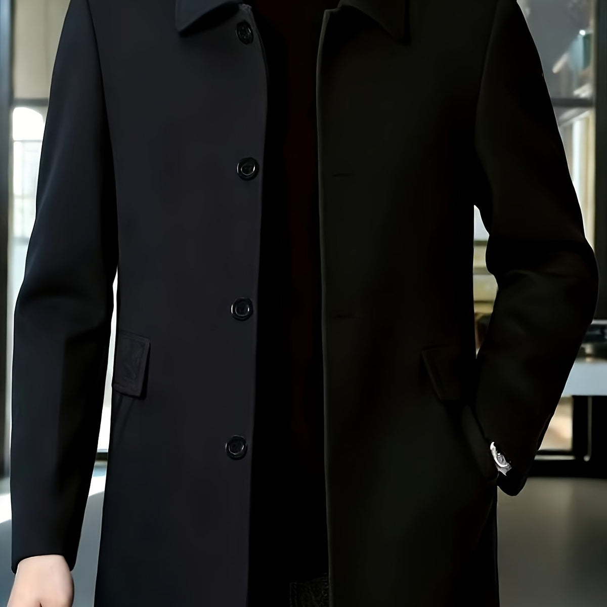 Men's Refined Single-Breast Overcoat with Side Pockets – Black