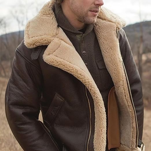 Men's Sherpa-Backed Leather-Look Aviator Jacket – Brown