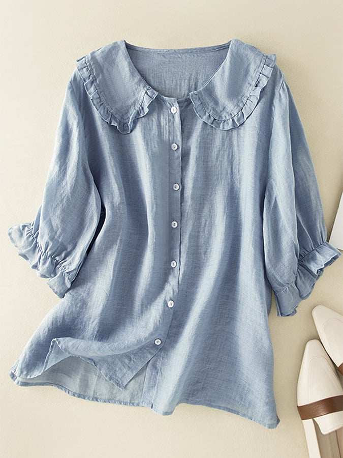 Women's Ruffled Collar Button-Front Blouse for Work – Blue