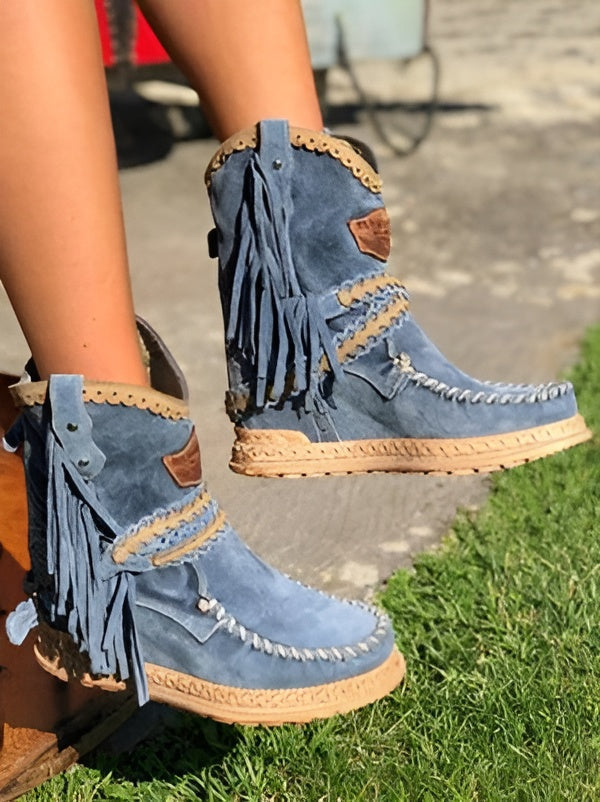 Women's Fringe Booties with Woven Detail – Blue