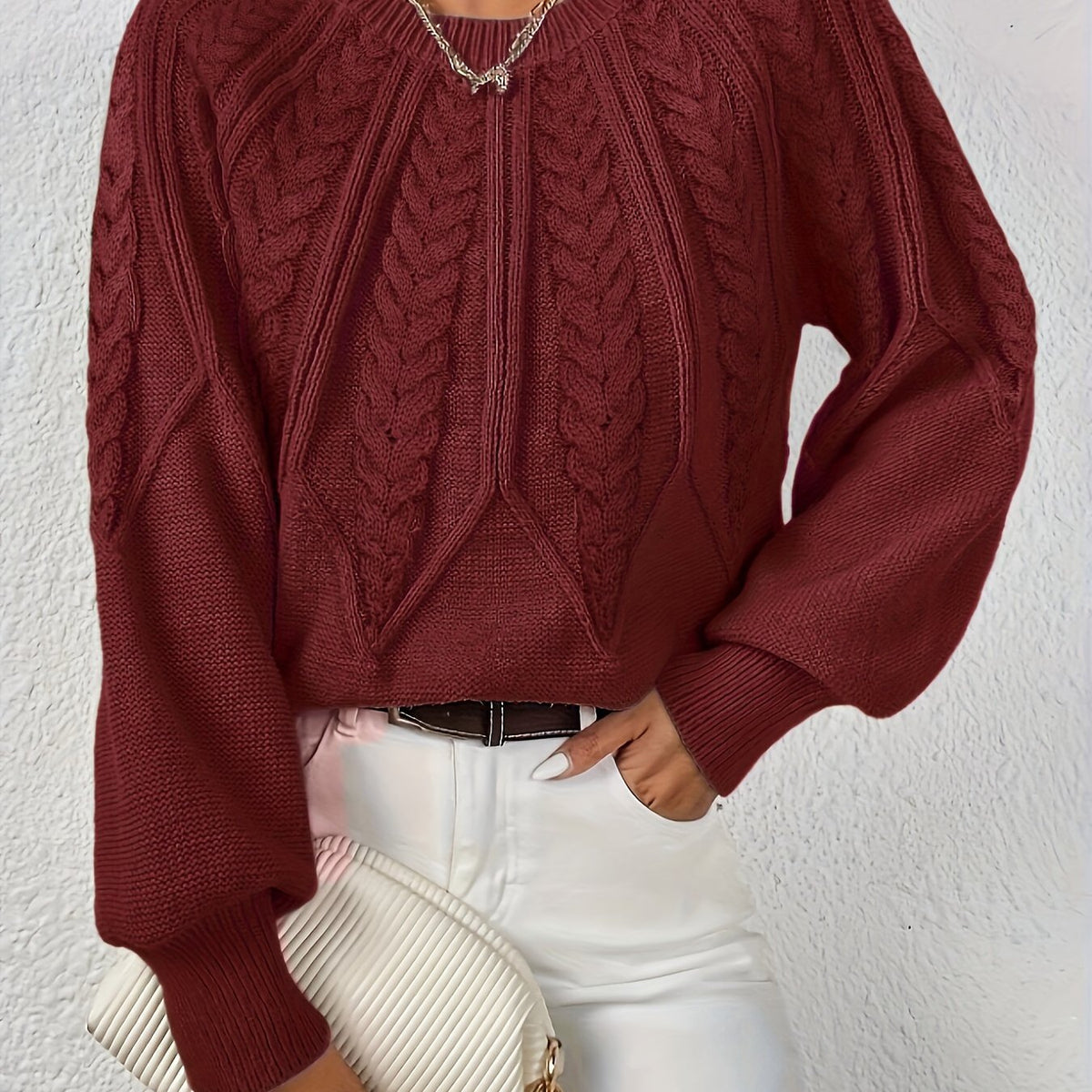 Women's Cable-Stitch Lantern Sleeve Pullover – Burgundy