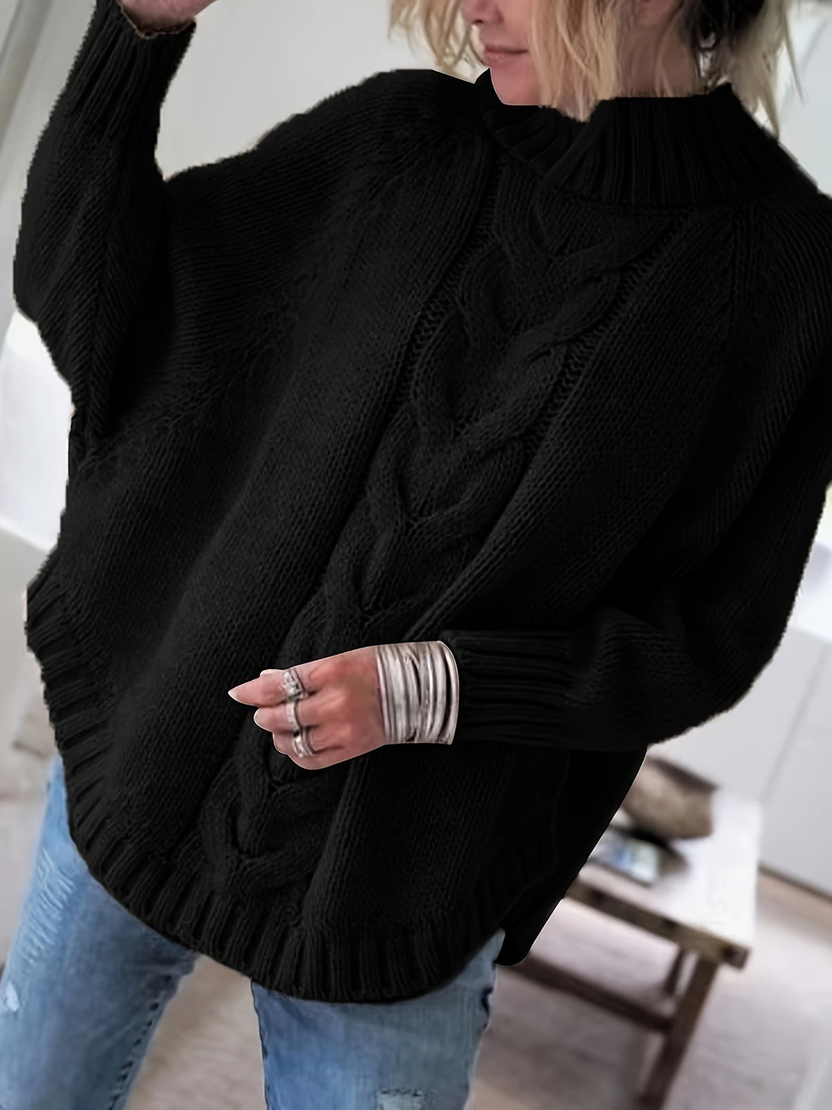 Women's Cable-Stitch High Neck Relaxed-Fit Pullover – view 2